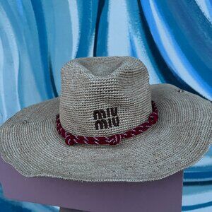 Miu Miu Straw Hat Women's Red Ribbon Detail Holiday Style Sun Hat